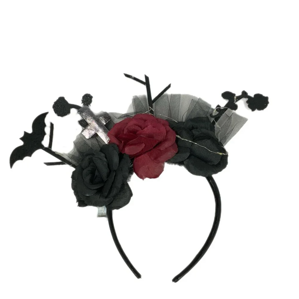 Goth Halloween LED Light Up Headband Bat Cross Roses Graveyard Costume Party